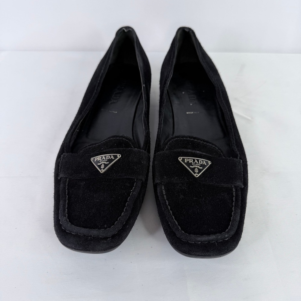 Prada Loafers Women Size 37 Black Suede Triangle Logo Flat Shoes Made in Italy - Picture 12 of 13